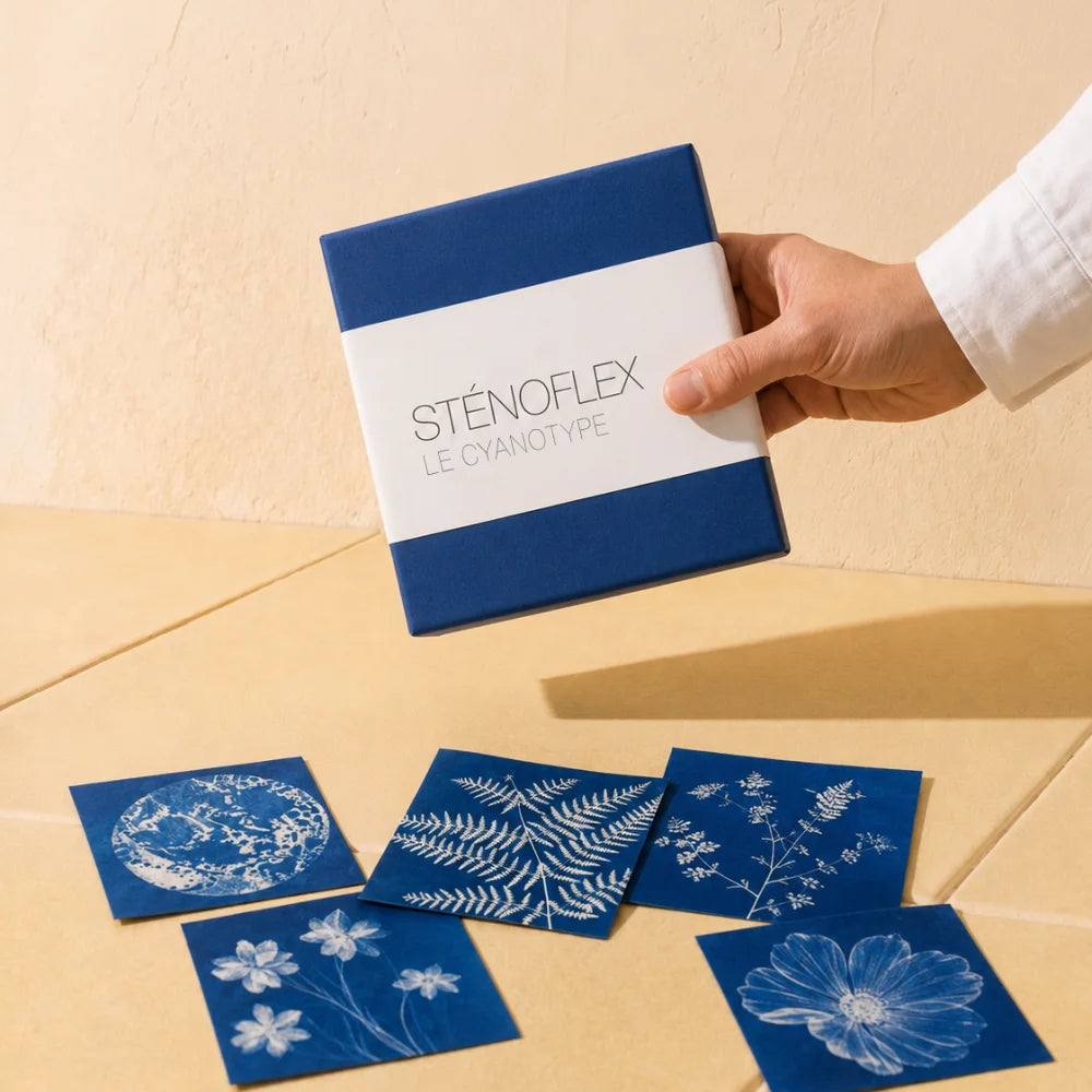 Kit cyanotype Sténoflex bleu avec tirages de fleurs et fougères