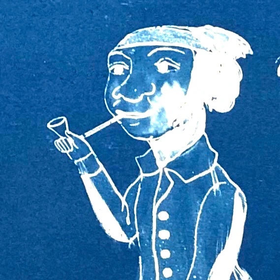 Cyanotype d'un personnage dessiné qui fume la pipe, en blanc sur fond bleu